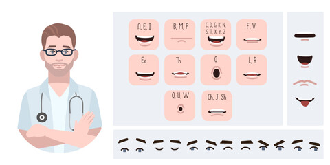 Medical worker doctor avatar creation suitable for animation. Generator, constructor of diverse eyes, lips, emotion expressions mouth animation and lip sync. Male character face construction.
