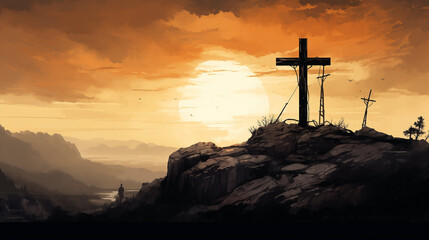 Silhouette of cross against colorful sky inspired deep spiritual faith, At sunset, reminding...