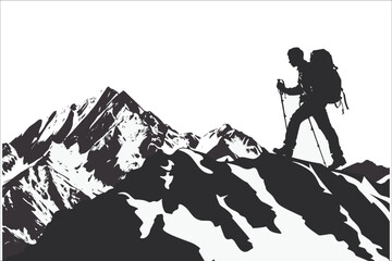 Obraz premium Man climbing mountains silhouettes, Silhouettes of mountains, Silhouettes of people hiking in mountains, Silhouette of a man with a backpack in the mountains, Silhouette of a men and mountain