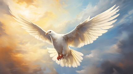White dove, a symbol of peace, flew gracefully with its wings outstretched, each feather reflecting...