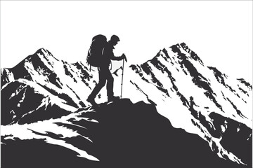 Man climbing mountains silhouettes, Silhouettes of mountains, Silhouettes of people hiking in mountains, Silhouette of a man with a backpack in the mountains, Silhouette of a men and mountain