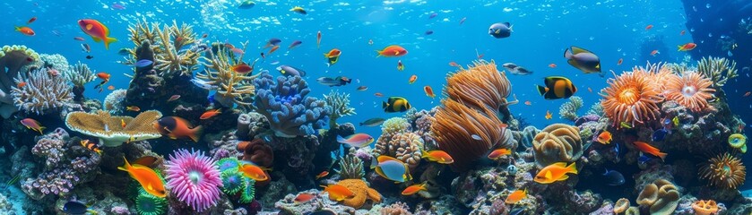 Naklejka premium A vibrant coral reef teeming with colorful fish, sea anemones, and other marine life, set against crystal clear blue water, with copy space.