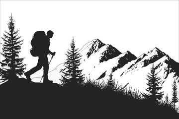 Man climbing mountains silhouettes, Silhouettes of mountains, Silhouettes of people hiking in mountains, Silhouette of a man with a backpack in the mountains, Silhouette of a men and mountain