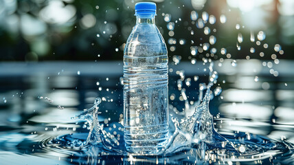 Water bottle splashes on a blue background for advertising campaigns for healthy water drinking.