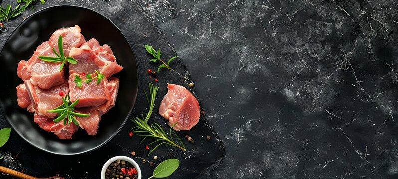 Raw meat set. Pork meat on a background of black stone with spices and herbs. View from above. Place for text.