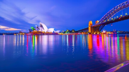 Fototapeta premium A scenic view of the Sydney Opera House and Harbour Bridge at dusk, with vibrant lights reflecting on the water, with copy space.