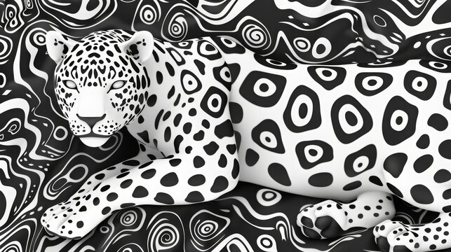 Black and white artistic ing of a leopard with intricate patterns, blending ly with the background design.