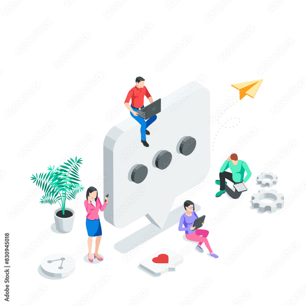Poster isometric people with a smartphone and tablets near a large message icon, in color on a white backgr