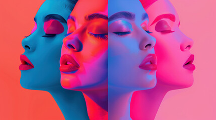 A beautiful female face in neon pink and blue is split into four different images, each head looking straight ahead with eyes closed. 