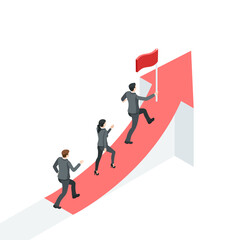 isometric vector business people running behind the leader with an up arrow, in color on a white background, the path to success or professional growth