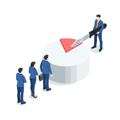 isometric vector business people cutting a pie chart with a knife, in color on a white background, income division or statistics