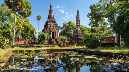 A tranquil image of an ancient Buddhist temple in Thailand, surrounded by lush tropical greenery and lotus-filled ponds, with copy space.