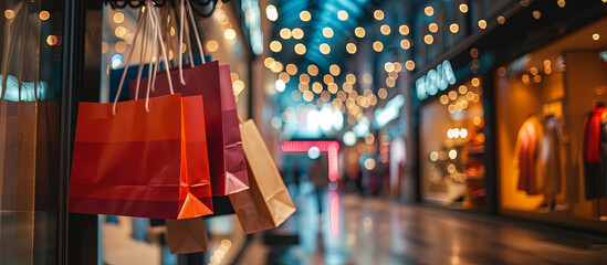 Close-up of bright colorful paper bags on the background of a shopping mall, seasonal sale poster and attracting shoppers to the mall, copy space for concept