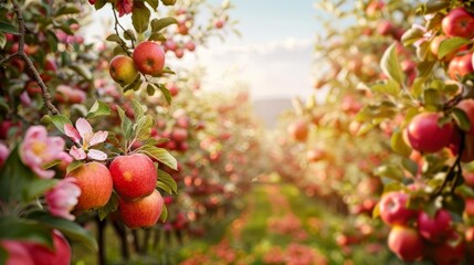 A colorful orchard with apple trees in full bloom, ripe apples hanging from the branches and a clear sky above, with copy space.