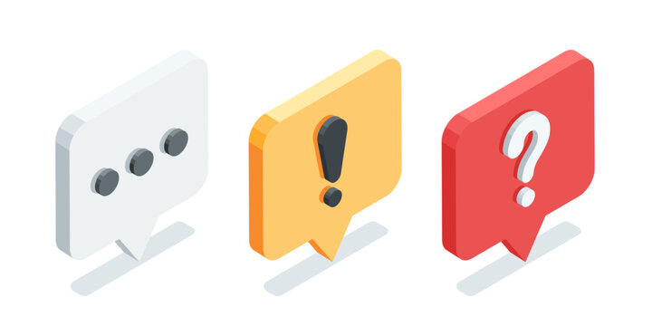 isometric text bubble icons, in color on white background, with exclamation icon and question, important message or alert info