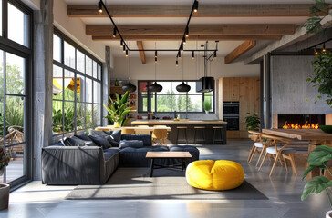 modern living room with dining table and chairs, large window on the right side showing garden view, wall of red copper feature wall, wooden beams in ceiling, modern pendant lights above black sofa