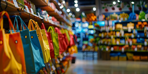 Bright shopping bags and eco bags in front of the store entrance invite you to a seasonal sale