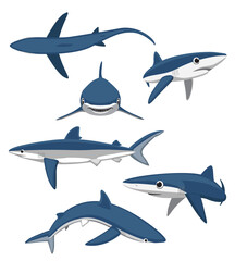 Cute Blue Shark Poses Set Cartoon Vector