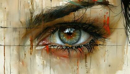 Close-up of a green eye with dramatic makeup and paint splatters.