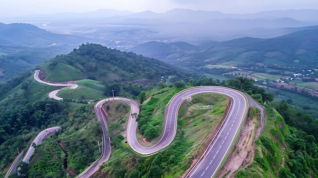 Aerial Top View Drone Shot ROAD No1081 Or Shape Number Three Of Winding Mountain Road Between Pua District Nan Province Thailand Is Highlight Point And Landmark That Tourist Like To Ta : Generative AI