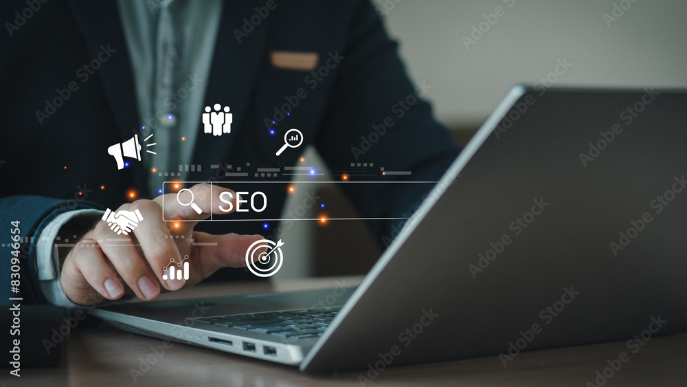 Poster businessman using a computer for analysis seo search engine optimization marketing ranking traffic w