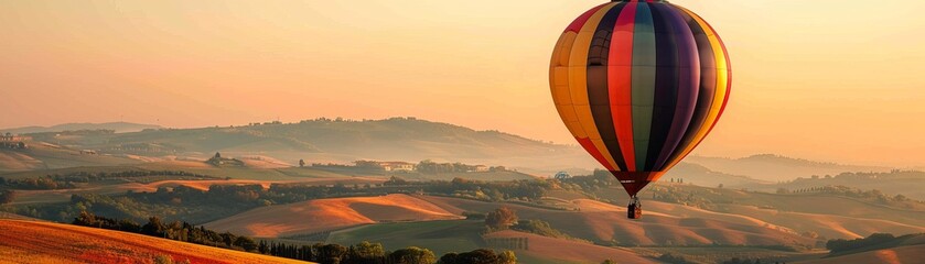 Obraz premium A colorful hot air balloon floating over a picturesque landscape of rolling hills and fields, with a clear sky, with copy space.