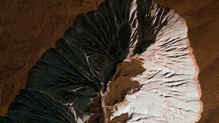 Aerial of wide gorge with rocky cliffs from both sides of small canyon. Clip. Stone slopes and...