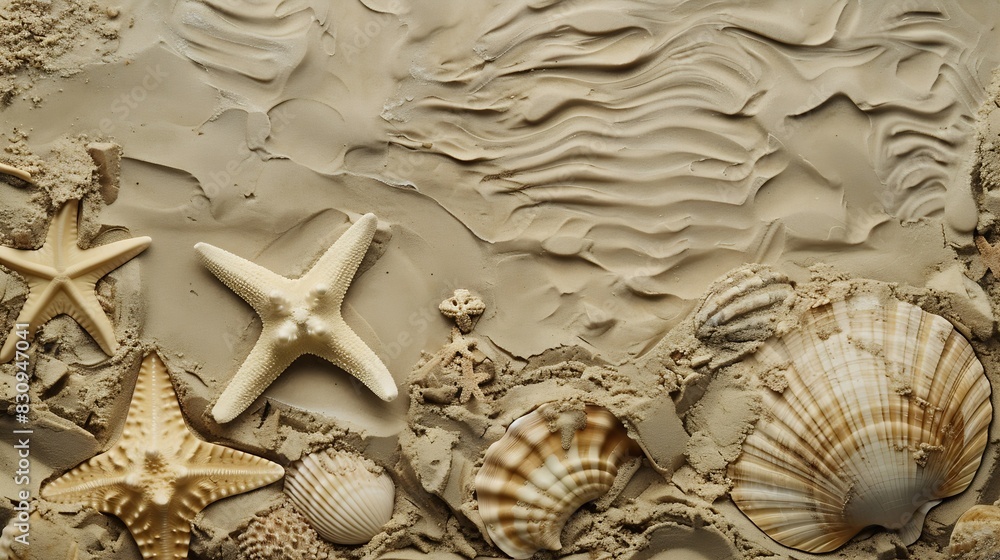 Poster Top view of a sandy beach texture with imprints of exotic seashells and starfish as natural textured background : Generative AI