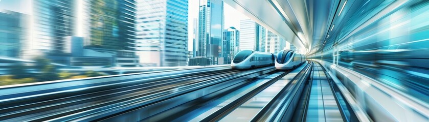 A futuristic high-speed train traveling through a modern urban landscape, with sleek buildings and dynamic motion blur, with copy space.