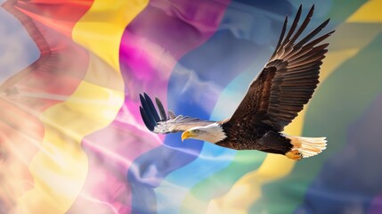 Fototapeta premium Eagle in flight over rainbow silk waves - A bald eagle glides across a backdrop resembling multicolored silk waves, highlighting fluidity and grace