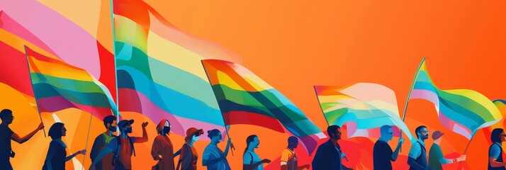 Pride parade with vibrant rainbow flags - A colorful illustration of a pride parade, showcasing the diversity and unity with rainbow flags