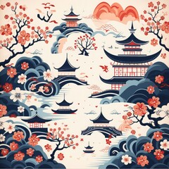 An intricate illustration of a Japanese landscape with cherry blossoms, pagodas, and stylized clouds.