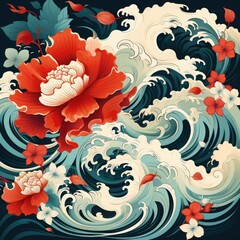 Traditional Japanese wave pattern with blossoming peonies.  vector
