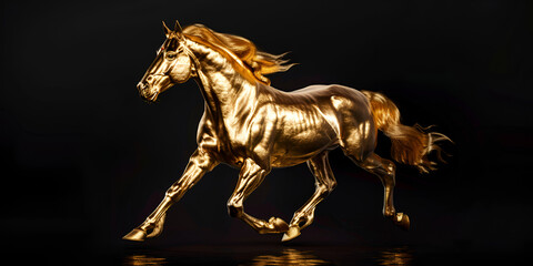 A beautiful golden horse is running in midstride