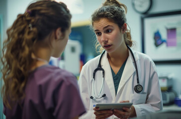 Female doctor holding tablet and talking to teenage girl in clinic, closeup view.
