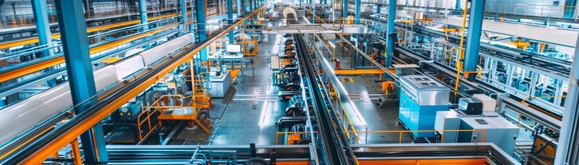 A detailed shot of a modern factory interior with advanced machinery and automated production lines, with copy space.