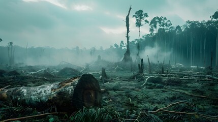 A forest with a lot of dead trees and a foggy sky. Scene is somber and eerie