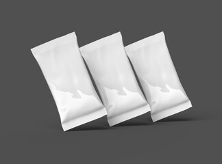 3D packaging render of pillow food snack bag isolated on a dark background.