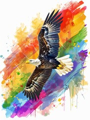 Fototapeta premium Colorful eagle artwork with abstract background - An artistic depiction of an eagle in flight with a vibrant, multicolored abstract watercolor background splashes and drips