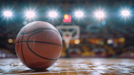 A close-up of a shiny new basketball resting on a wooden court with bright stadium lights reflecting off its surface, with copy space.