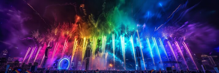 Spectacular fireworks and laser show at a festival - An impressive display of fireworks and lasers illuminating the night at a music festival or public event