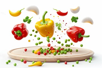Naklejka premium Red and yellow bell peppers, peas, peas, onions, chopped on a kitchen board, fly into a pan for cooking. Vector 3d illustration isolated on white. 