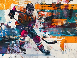 Dynamic Ice Hockey Player in Vibrant Digital Mixed Media Artwork with Futuristic Aesthetic
