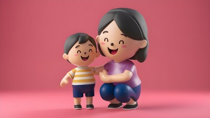 A 3D cute of a mother and son character acting happy.