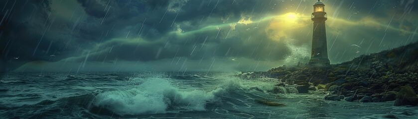 Fototapeta premium Stormy night with striking lighthouse beacon guiding sailors through turbulent ocean waves, under dramatic, dark sky.