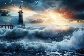 Dramatic lighthouse stands tall amidst stormy sea waves during sunset with birds flying in the background.