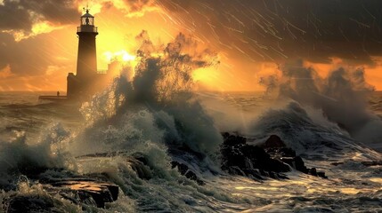 Dramatic sunset over turbulent sea with powerful waves crashing against a rocky coastline and a lighthouse illuminating the sky.