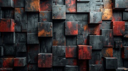 The image shows a wall with a mosaic of red and black cubes with a gritty texture, providing a striking visual