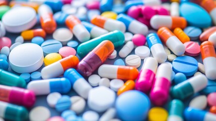 A macro shot of various colorful pills and capsules scattered across a surface, representing modern medicine and pharmaceuticals, with copy space.