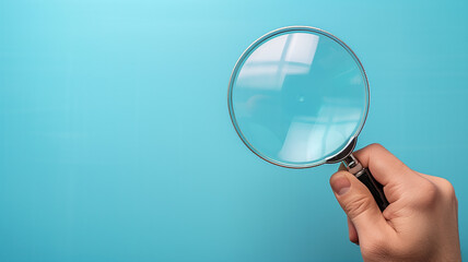 Hand Holding Magnifying Glass Against Blue Background for Inspection